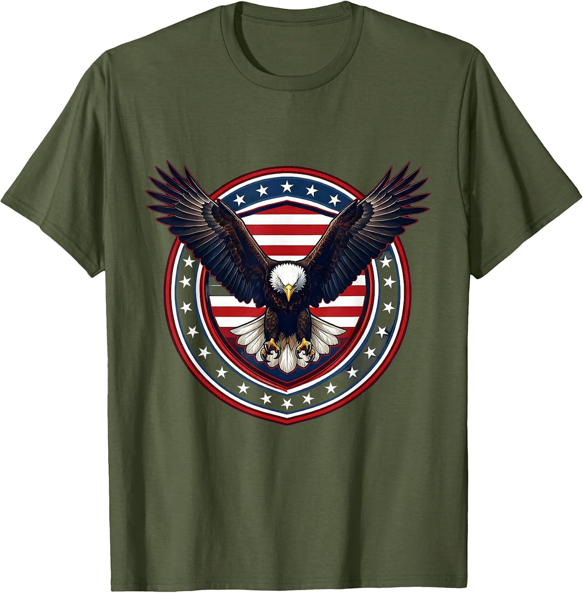 Men's Bald Eagle Landing Wings Spread Freedom Design T-Shirt - Olive Green