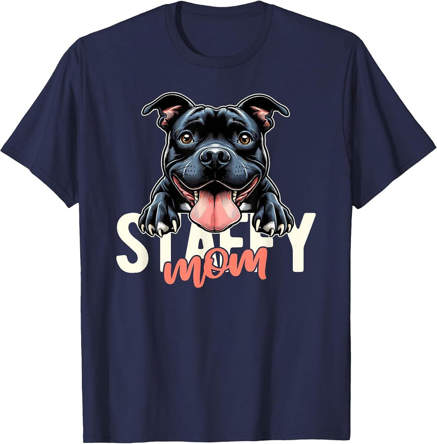 Staffy Mom Staffordshire Bull Terrier Dog Tattoo Funny T-Shirt - Navy Blue