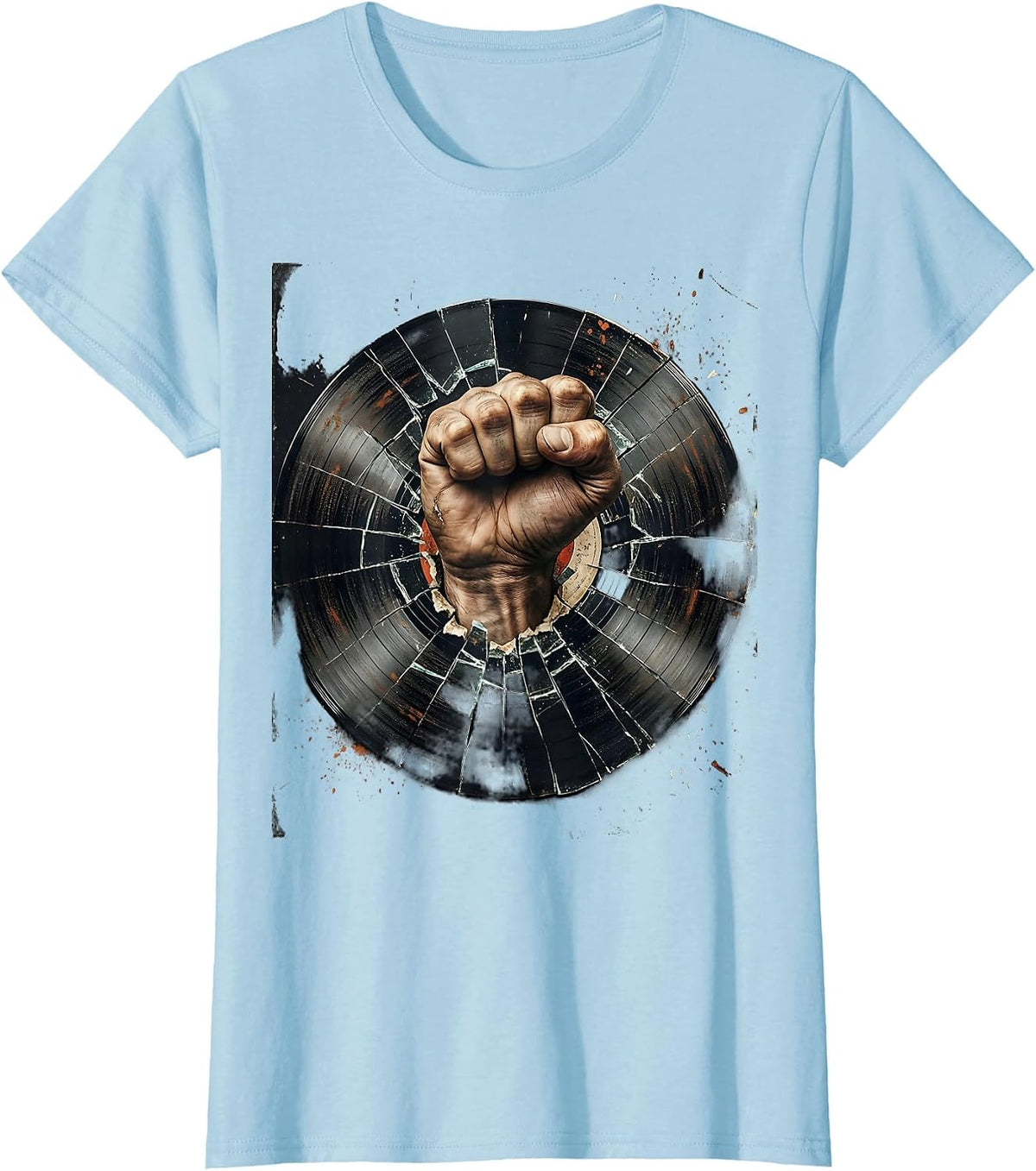 Punk Fist Smashing Vinyl Record Graphic Tee T-Shirt - Baby Blue