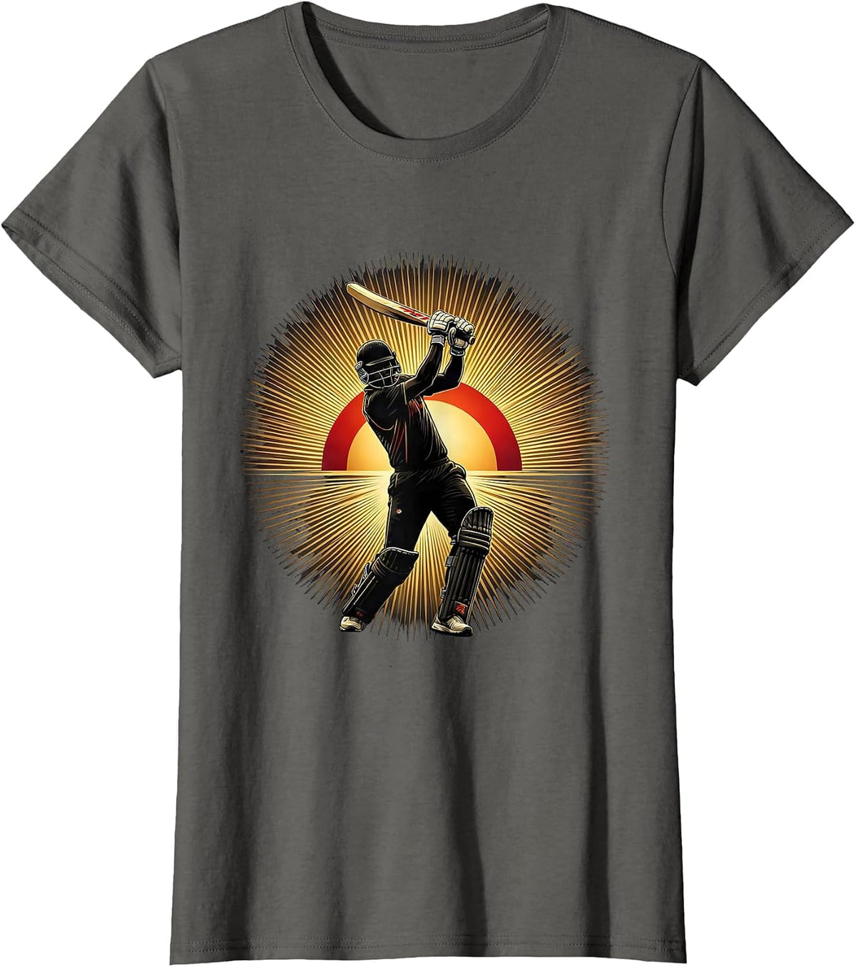 Women's Cricket Batsman Silhouette Blazing Sunrise Design T-Shirt - Asphalt Grey