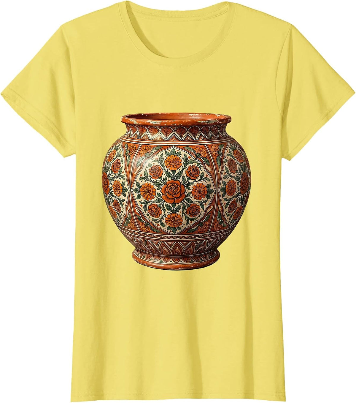 Women's Ornate Talavera Pottery Floral Illustration T-Shirt - Lemon Yellow