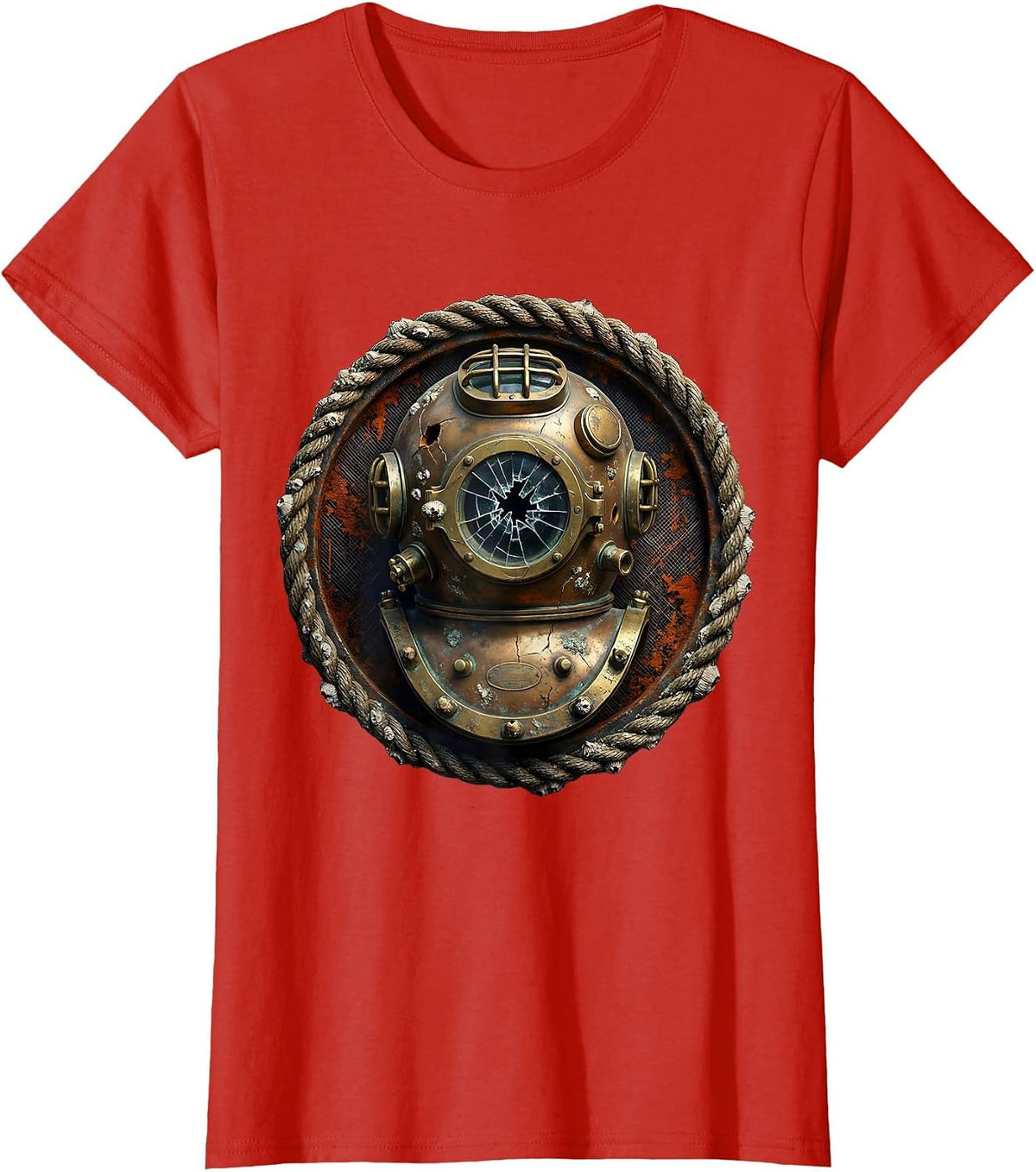 Vintage Diving Helmet Cracked Porthole Sailor T-Shirt - Red