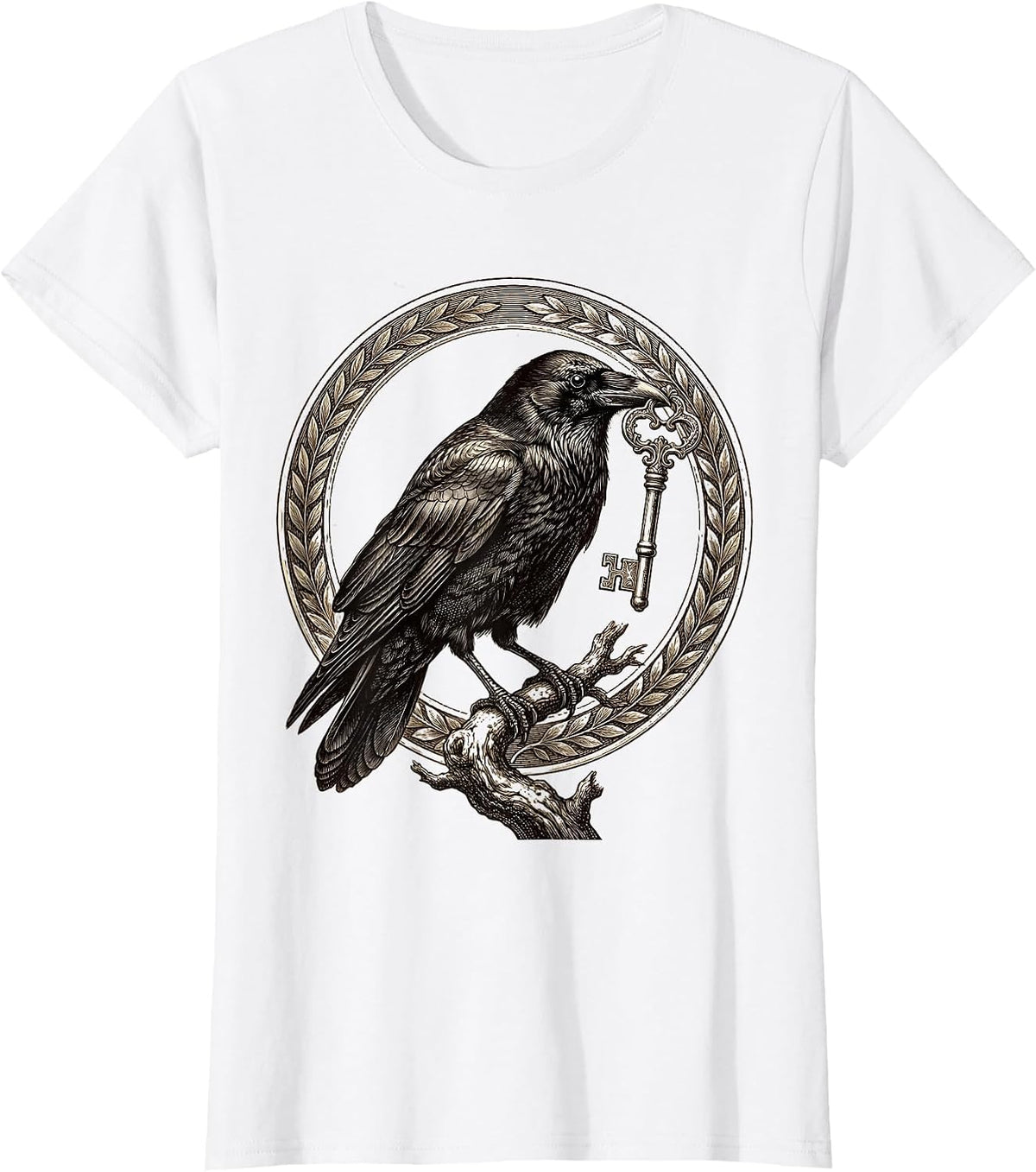 Crow With Shiny Key Illustration Design T-Shirt - White