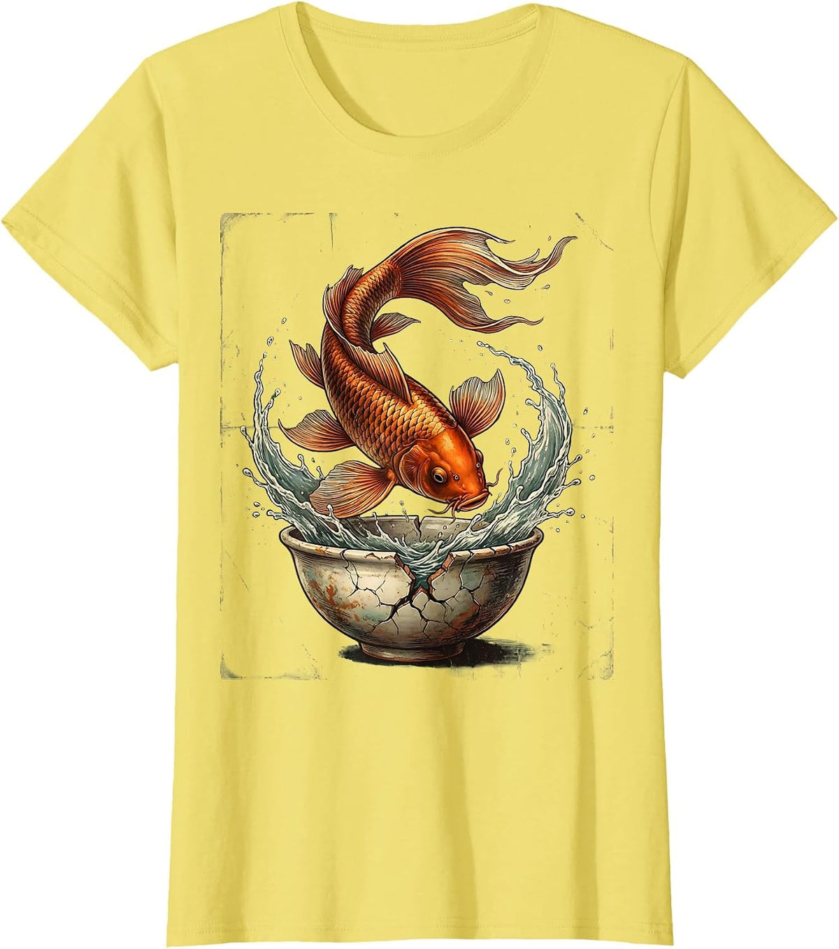 Koi Fish Leaping From Cracked Bowl Art T-Shirt - Lemon Yellow