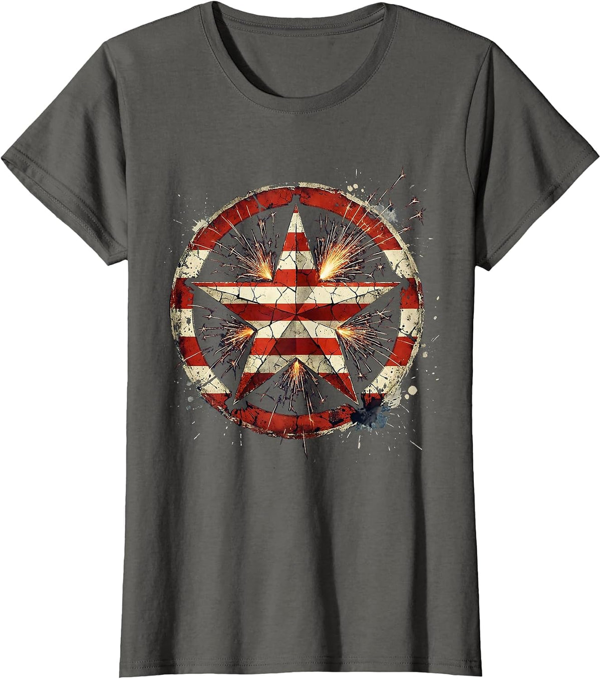 Women's Stars and Stripes Patriotic Fireworks Star Burst T-Shirt - Asphalt Grey