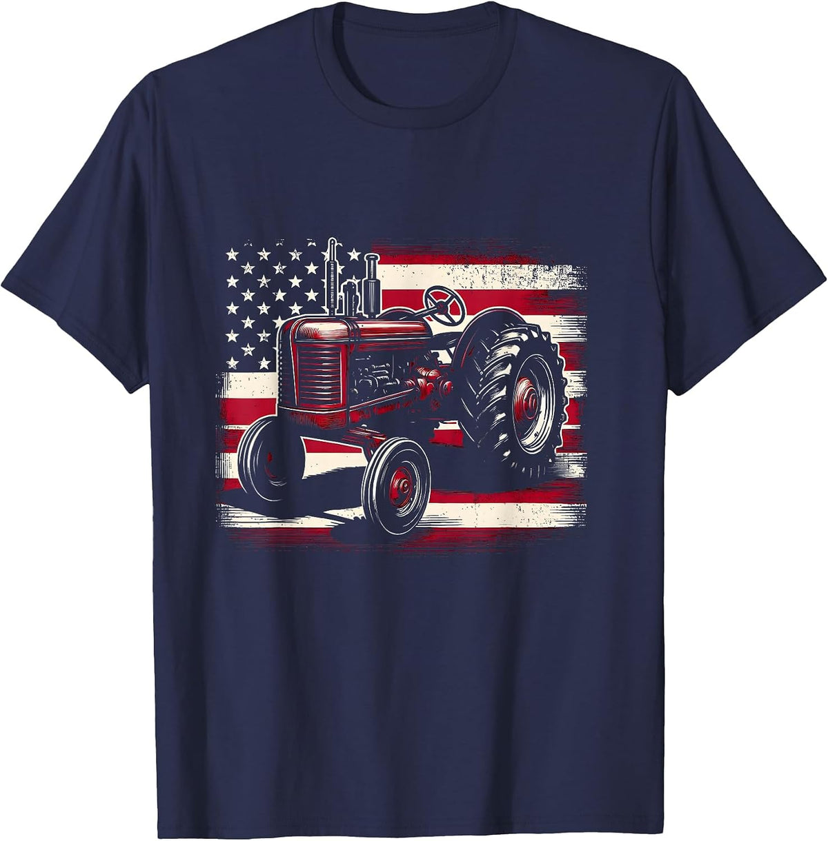 Old Farmall Cub Tractor American Flag Patriotic Farming Farm T-Shirt - Navy Blue