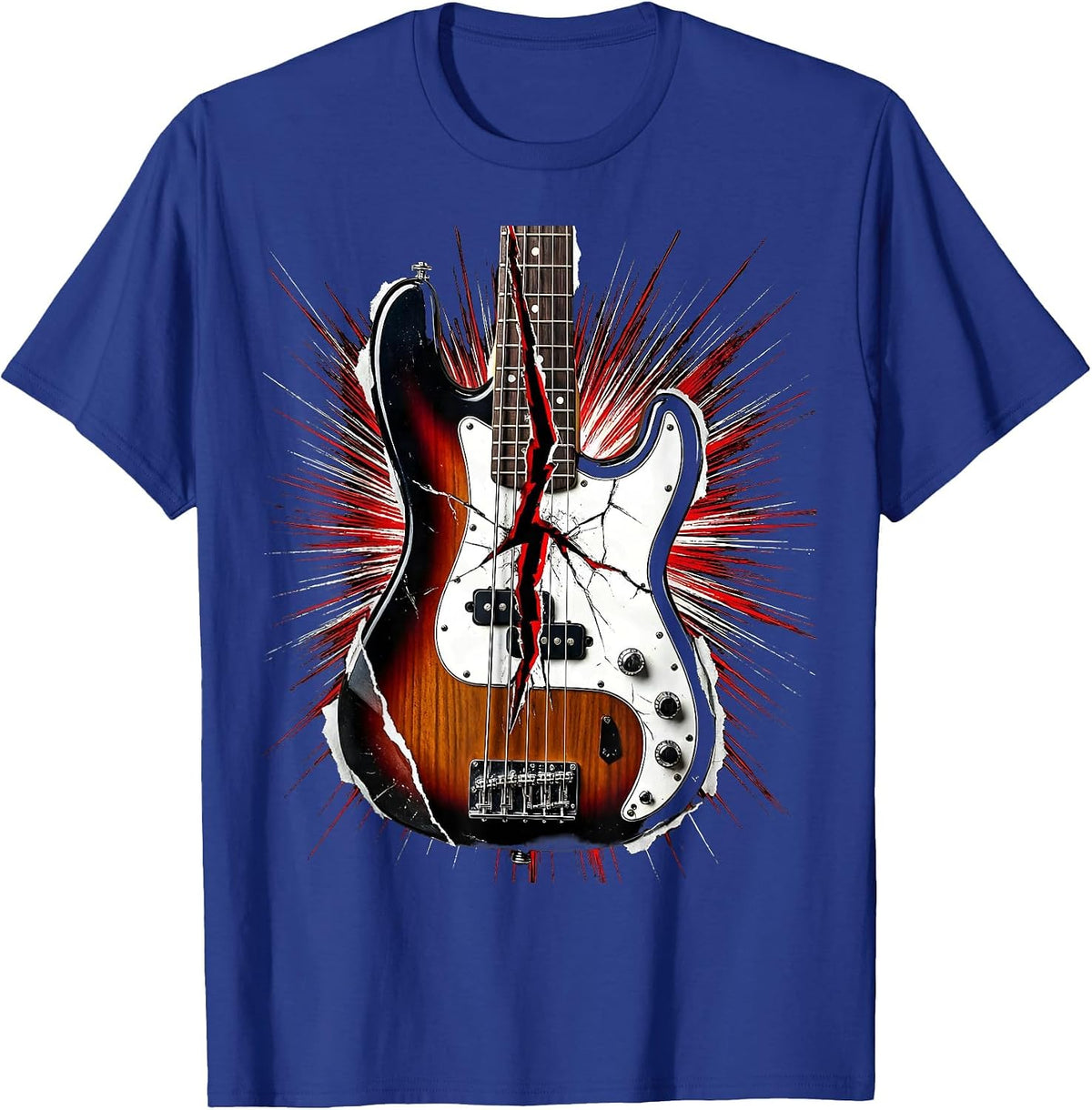 Bass Guitar Lightning Bolt Crack Graphic Tee T-Shirt - Royal Blue