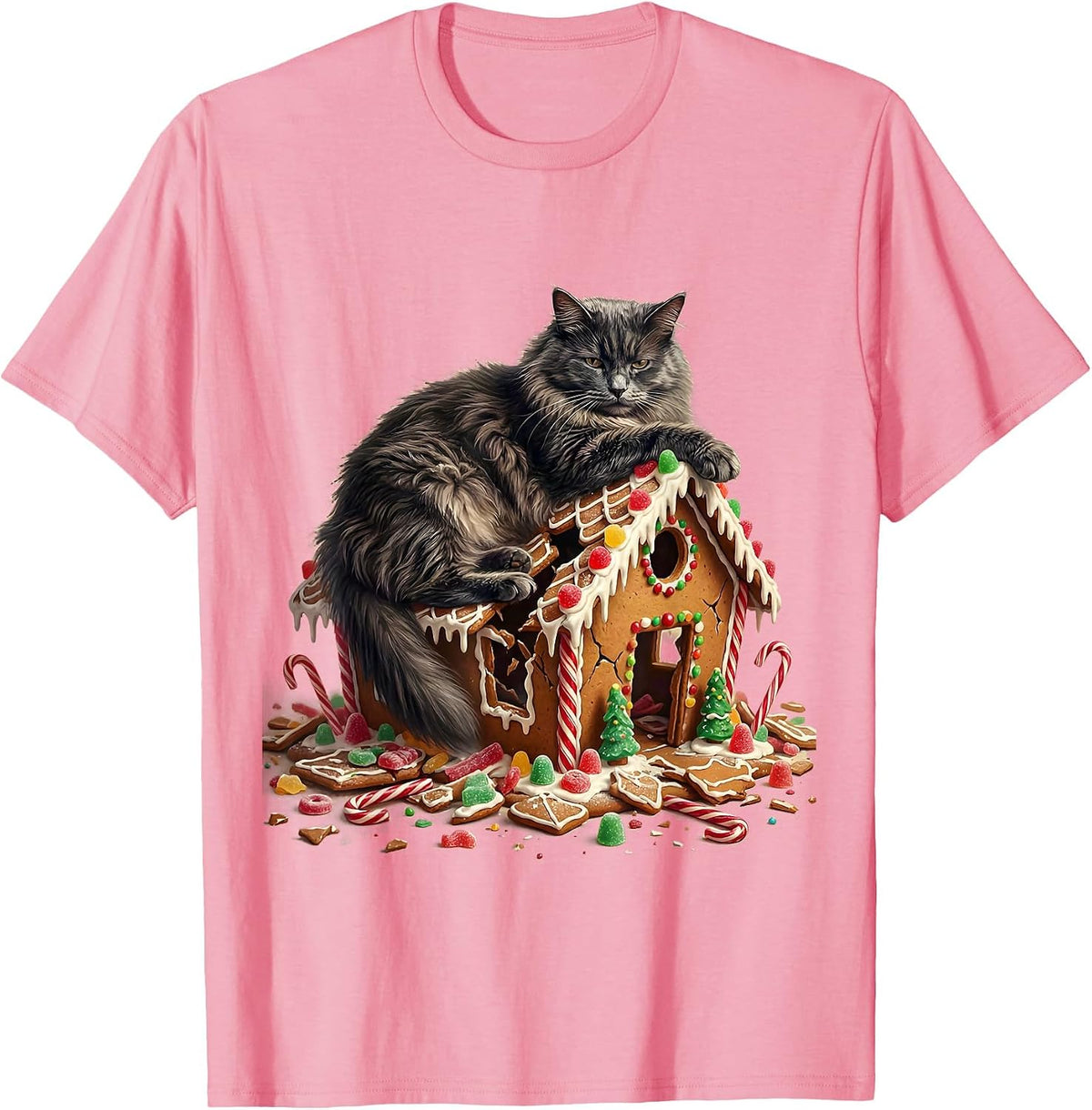 Men's Calm Cat Collapsed Gingerbread House Funny Christmas T-Shirt - Pink