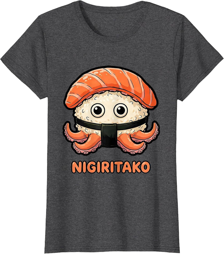 Women's Nigiritako Cute Octopus Sushi Lover Kawaii Food Pun T-Shirt - Dark Heather Grey
