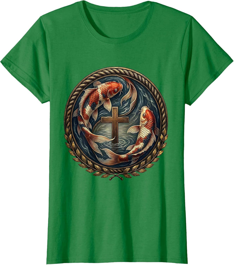 Women's Red White and Blue Koi Fish Swirling Design T-Shirt - Kelly Green