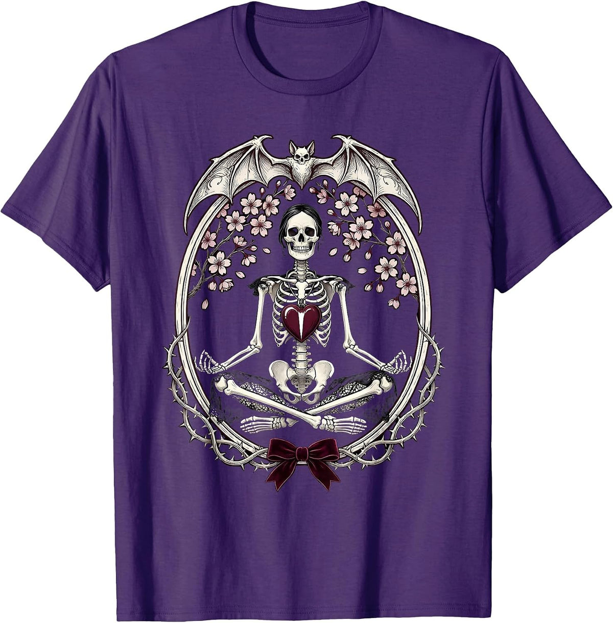 Skeleton Meditating Under Cherry Blossom Tree T-Shirt - Purple