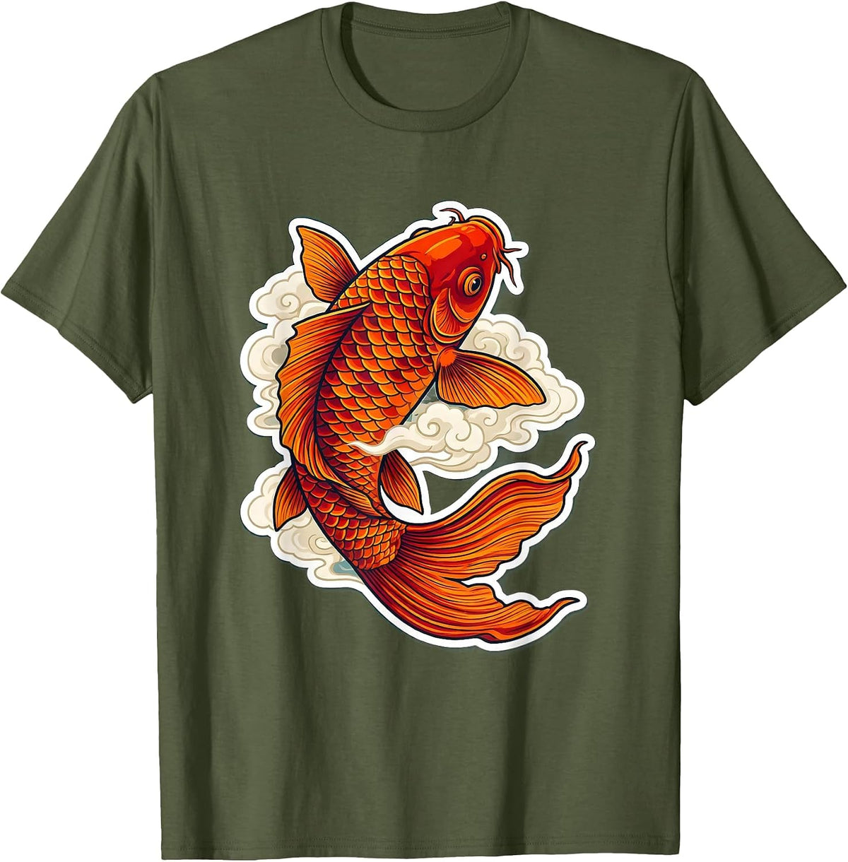 Giant Koi Fish Leaping Through Clouds Anime Art T-Shirt - Olive Green