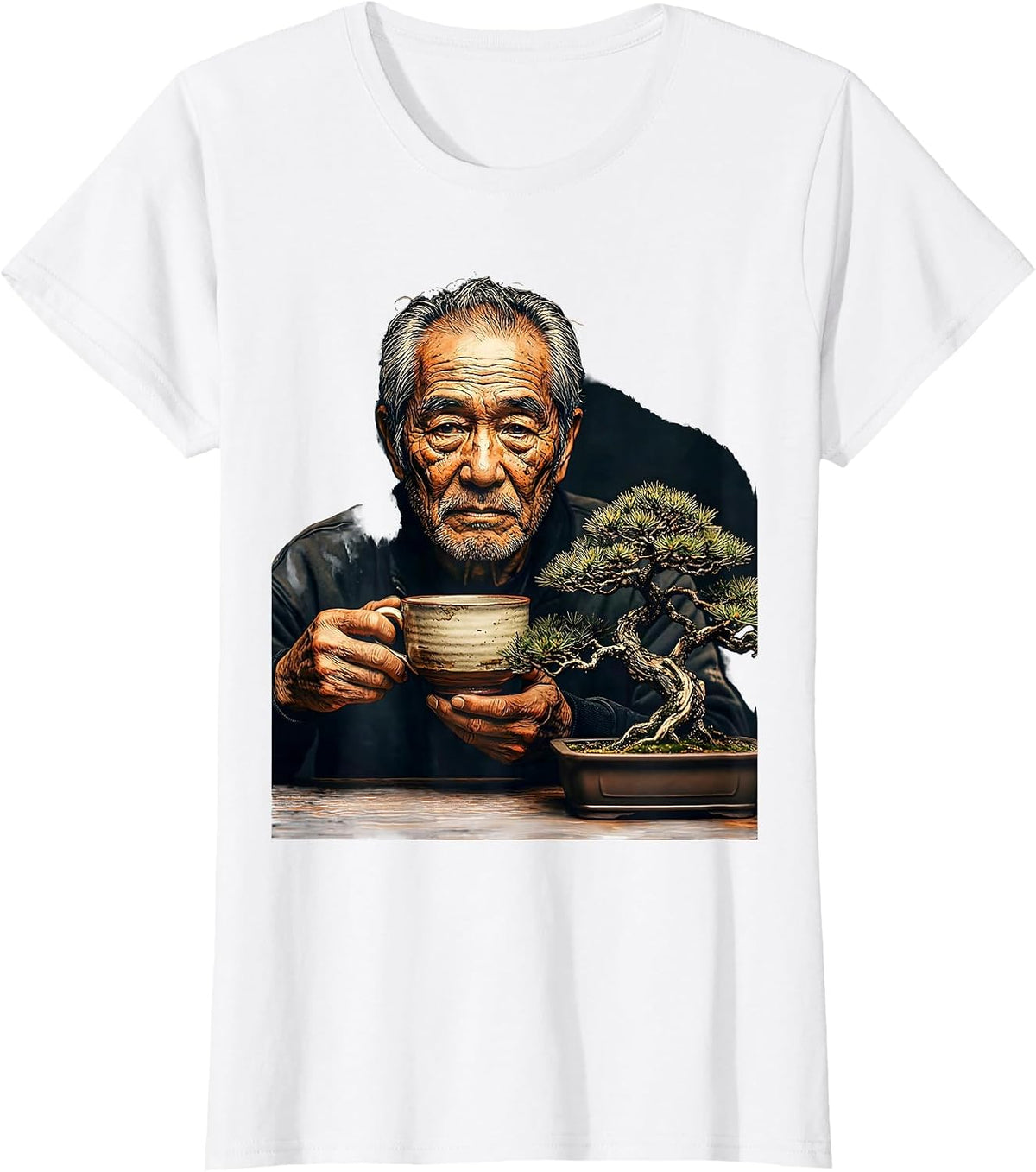 Japanese Elder Tea and Bonsai Graphic T-Shirt - White