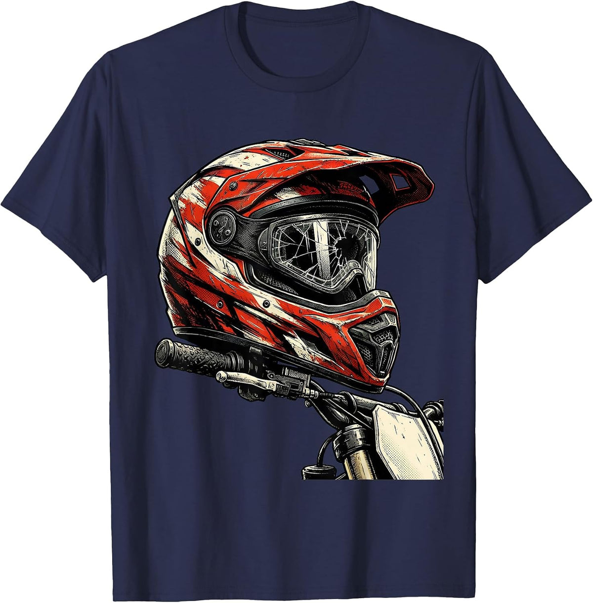 Men's Worn Motocross Helmet on Handlebars Dirt Bike T-Shirt - Navy Blue