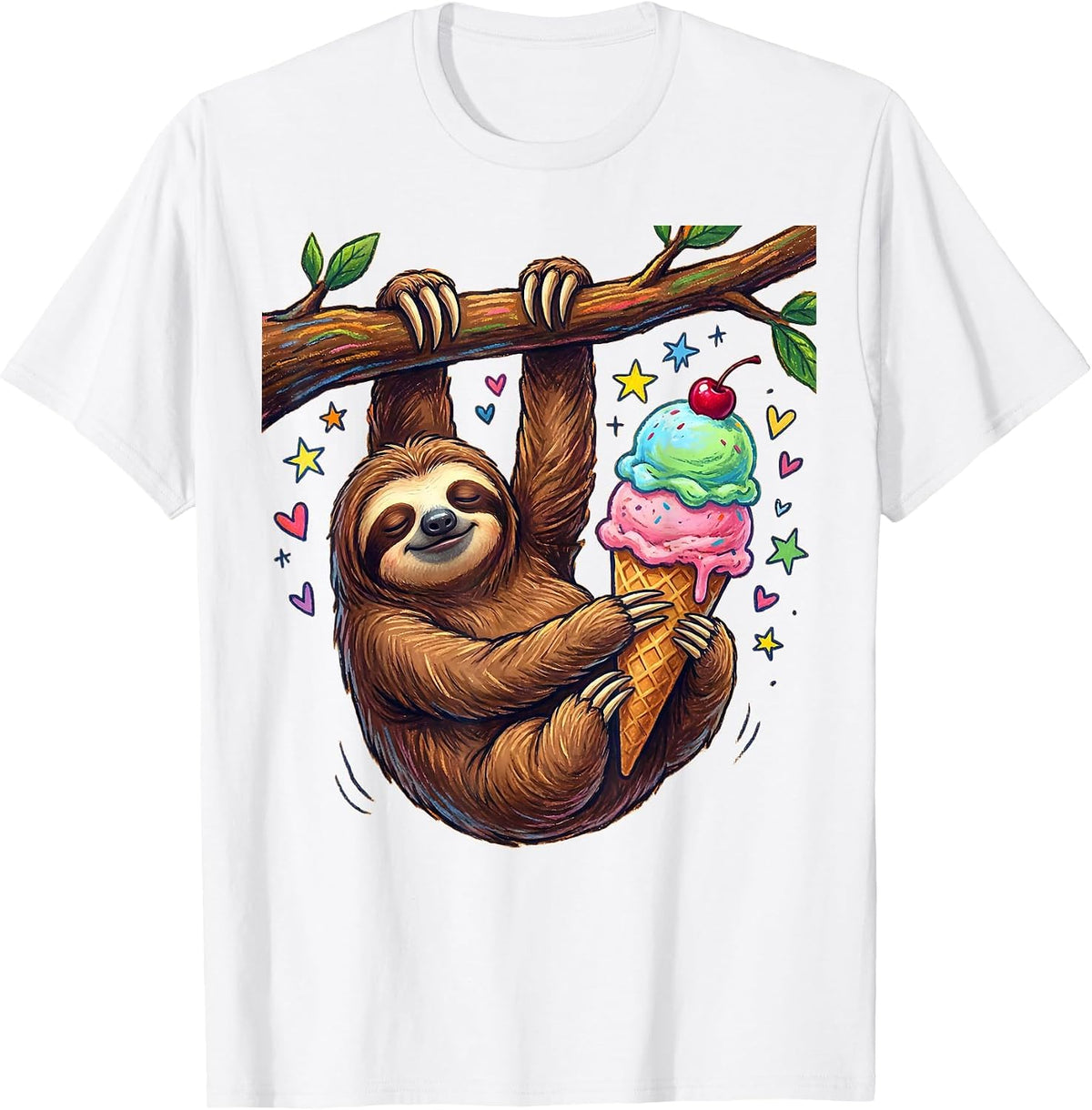 Men's Funny Sloth Hanging Upside Down Eating Ice Cream T-Shirt - White