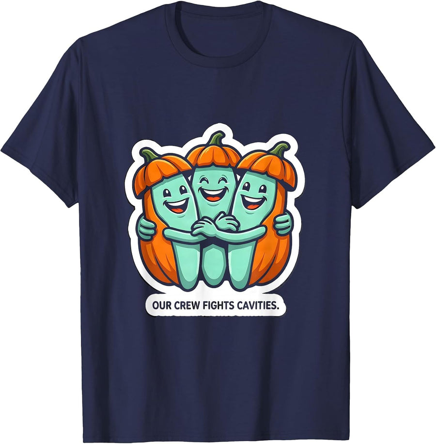 Our Crew Fights Cavities Funny Dental Hygienist Halloween T-Shirt - Navy Blue