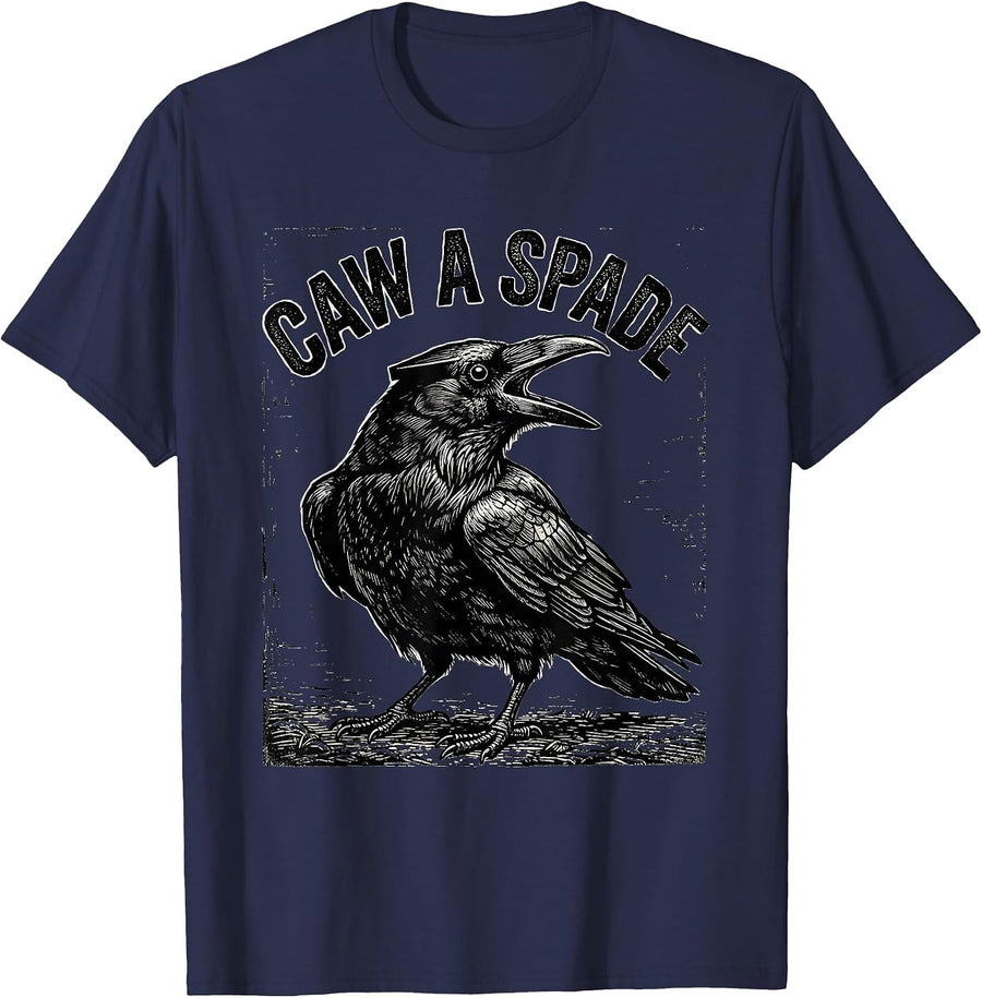 Caw A Spade Woodcut Engraving Gothic Crow Humor T-Shirt - Navy Blue