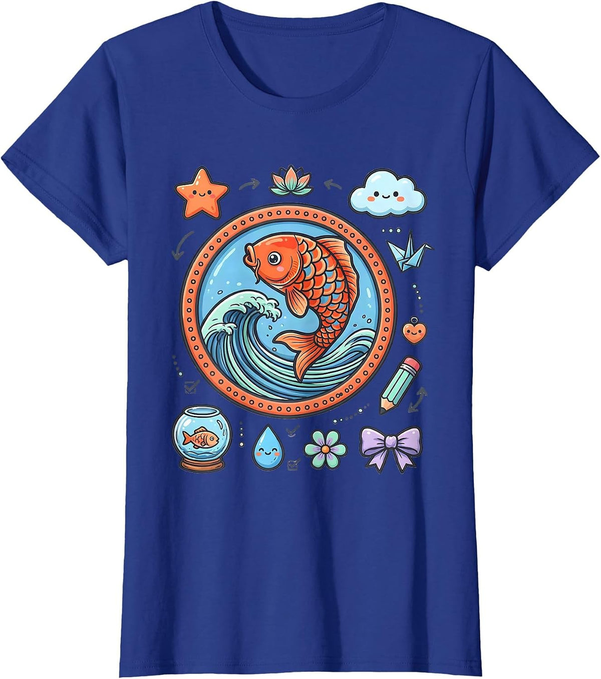 Women's Koi Fish Leaping Wave Anime Art Design T-Shirt - Royal Blue