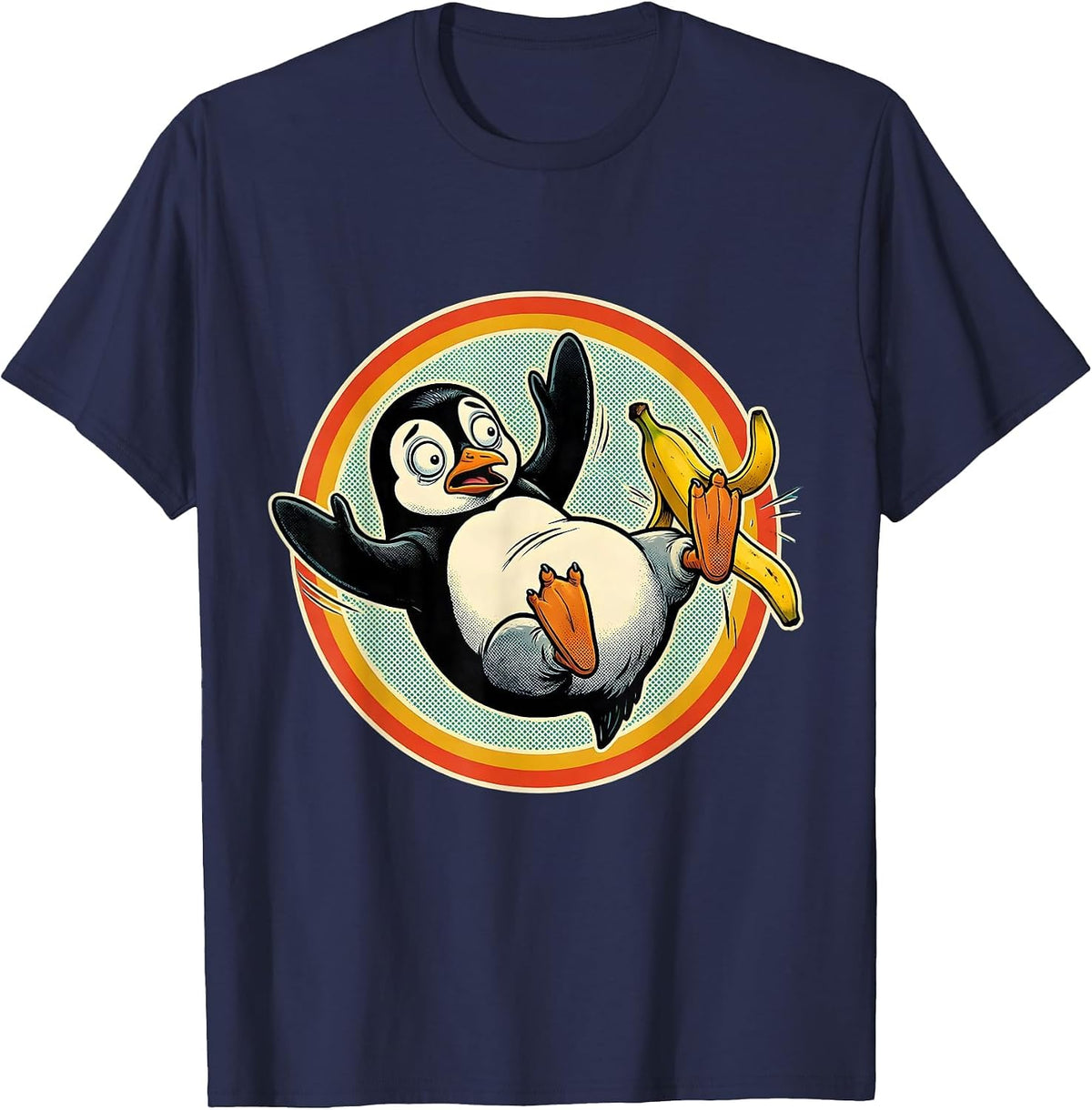Men's Funny Penguin Banana Peel Slip Comic Art T-Shirt - Navy Blue