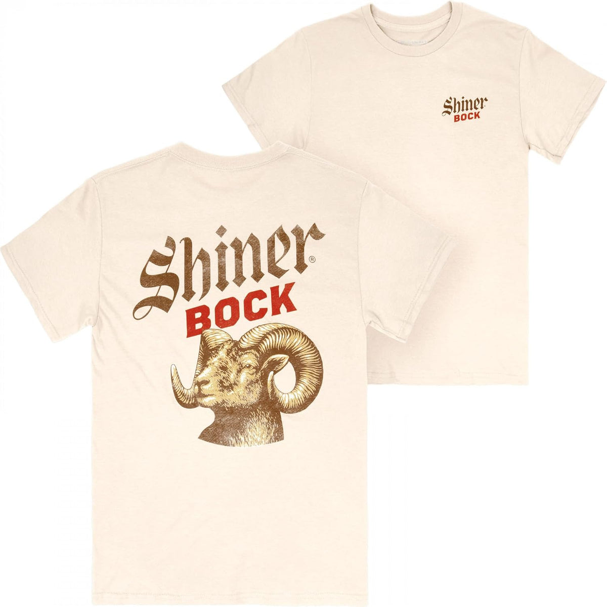 Shiner Bock Bottle Label Beige Colorway Front and Back Print T-Shirt - As Pictured