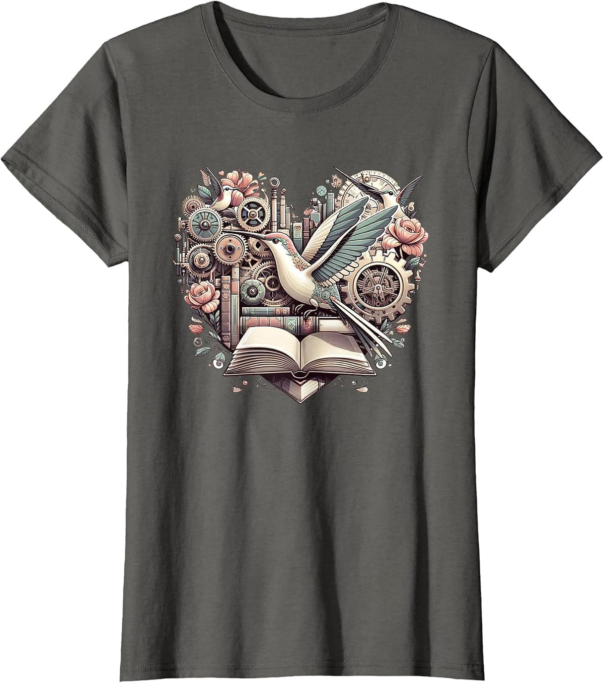 Hummingbird Steampunk Imagination Hearts Valentine T-Shirt - Asphalt Grey