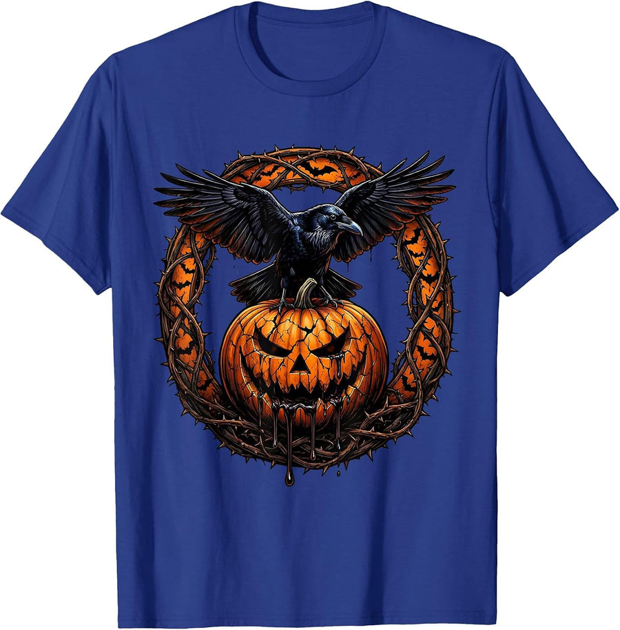 Crow on Cracked Pumpkin Halloween Graphic T-Shirt - Royal Blue