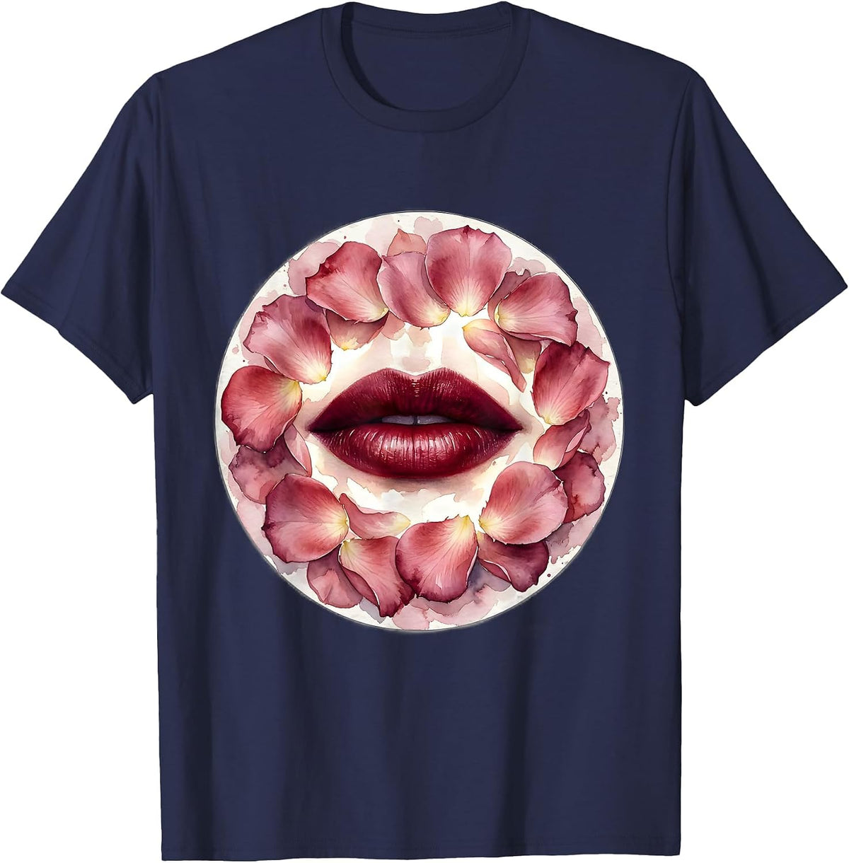 Men's Gigi Bold Red Lips and Rose Petals Graphic T-Shirt - Navy Blue