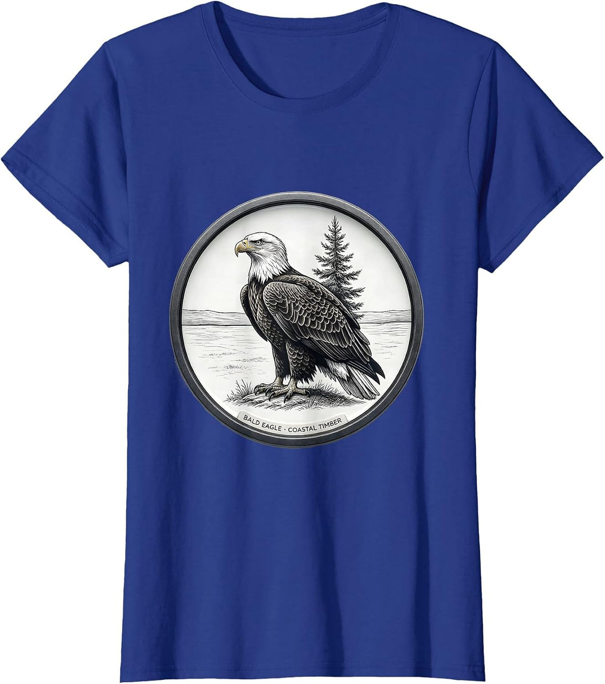 Women's Bald Eagle Coastal Timber Minimalist Wildlife Portrait Art T-Shirt - Royal Blue