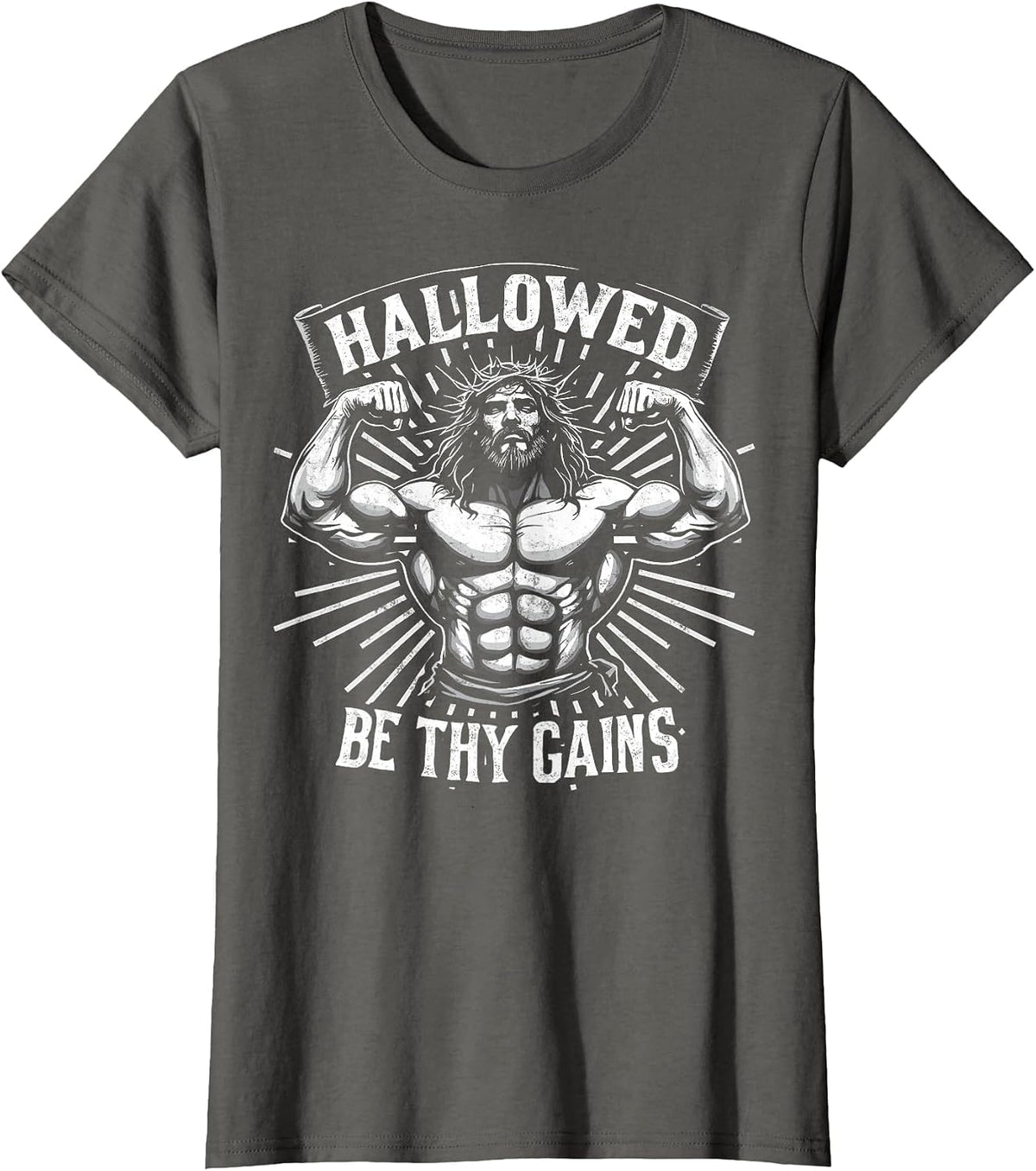 Hallowed Be Thy Gains Christian Workout Gym Jesus Motivation T-Shirt - Asphalt Grey