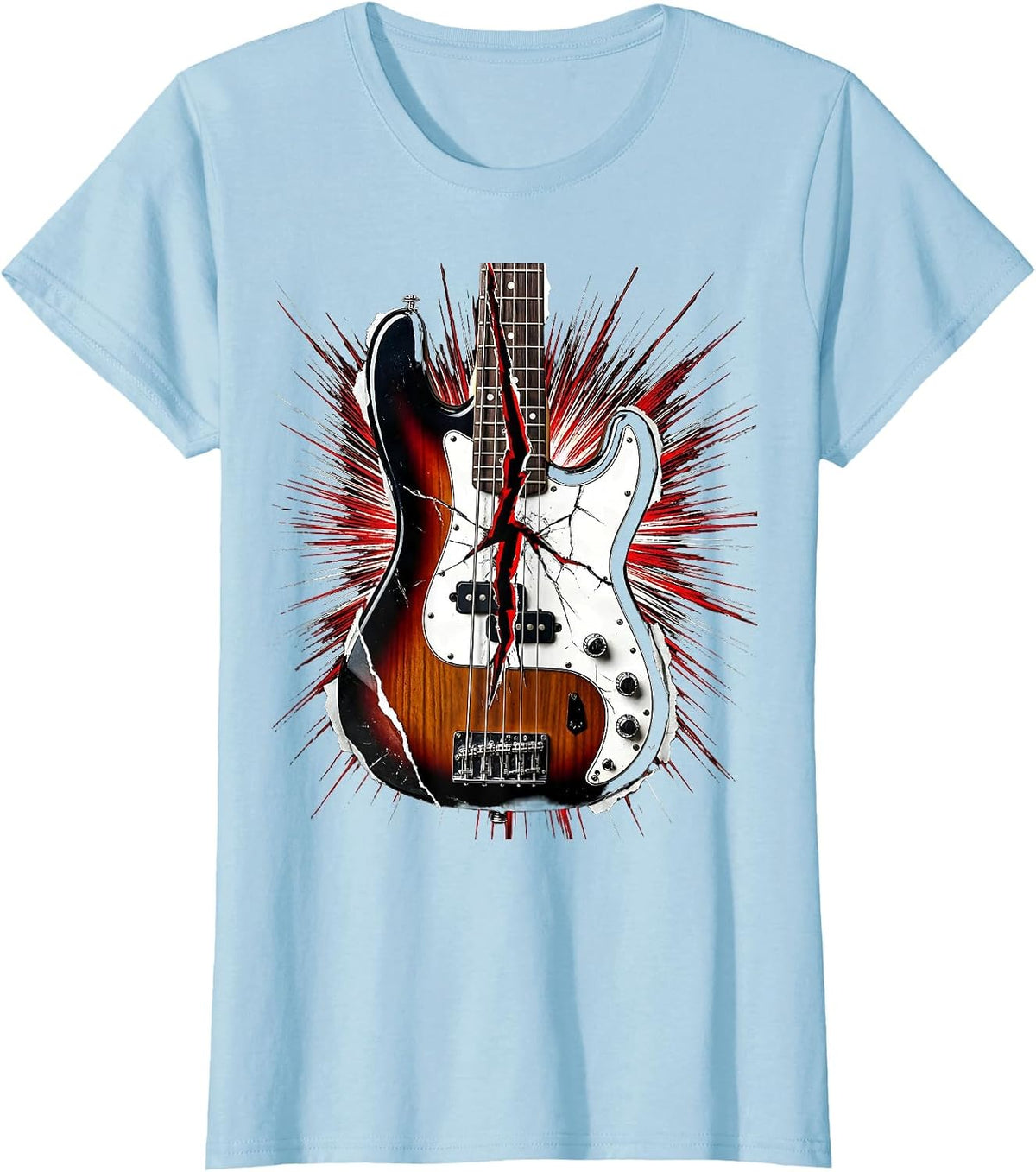 Bass Guitar Lightning Bolt Crack Graphic Tee T-Shirt - Baby Blue