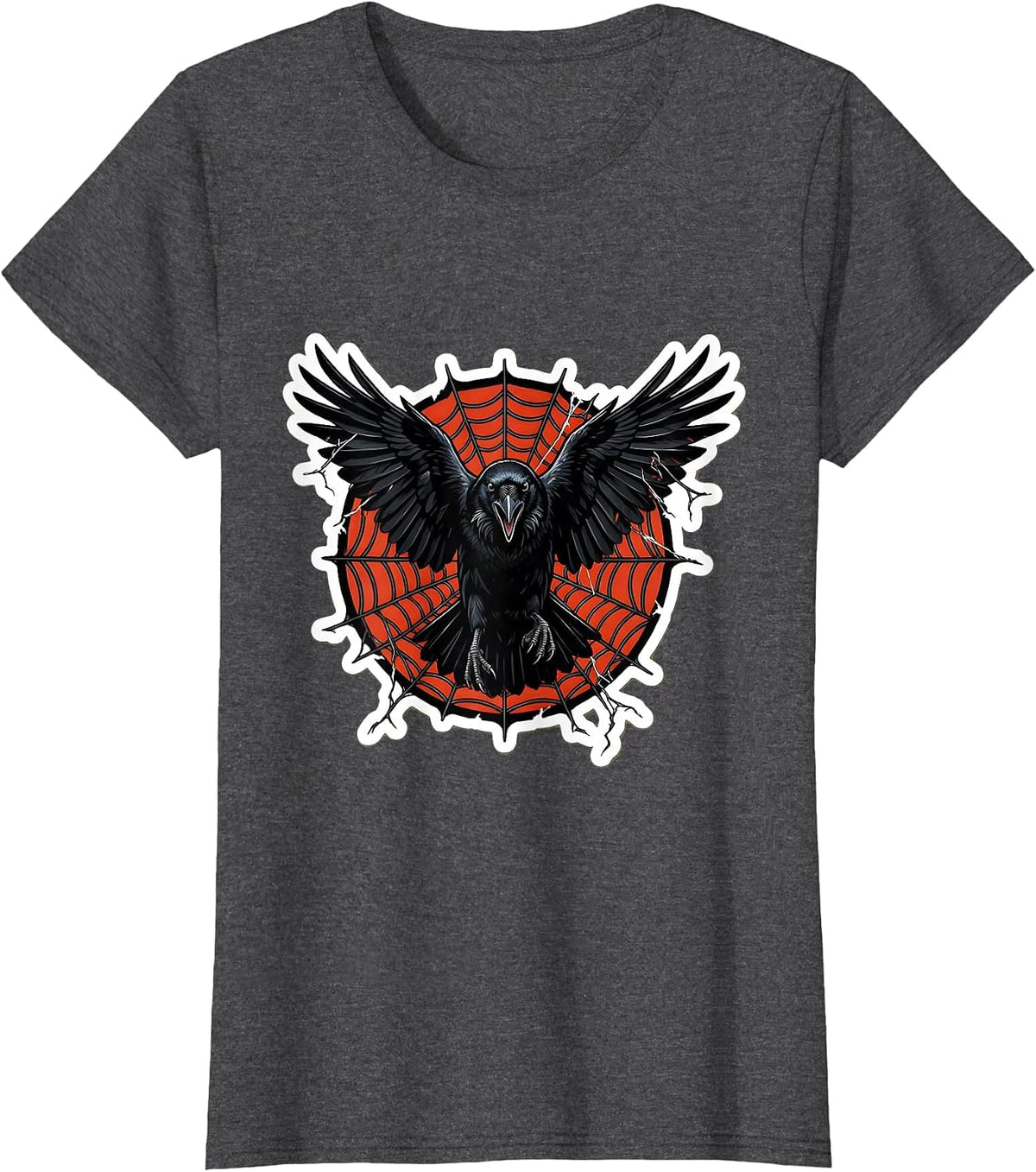 Women's Crow Bursting Through Spider Web Graphic T-Shirt - Dark Heather Grey