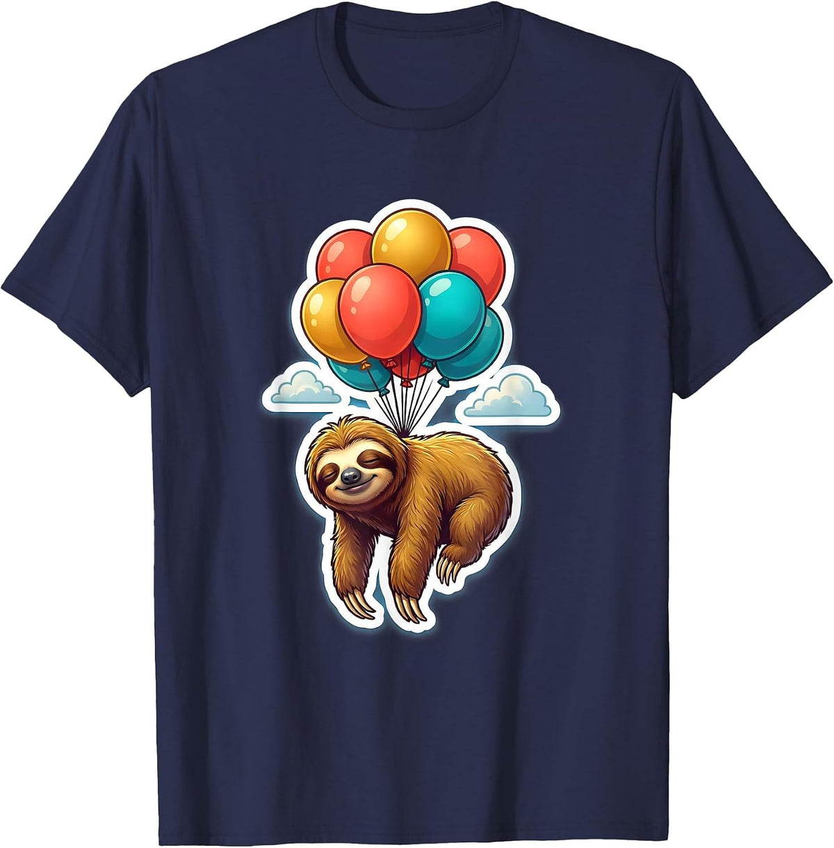Sloth Floating with Balloons Birthday Design T-Shirt - Navy Blue
