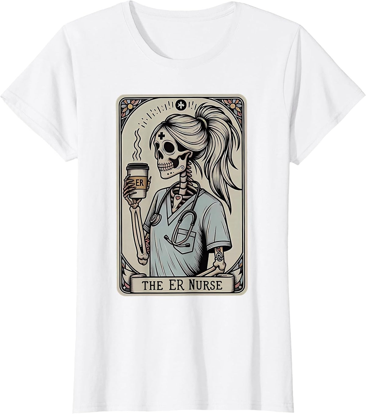 Skeleton Emergency Room Nurse Halloween Tarot Card Nursing T-Shirt - White