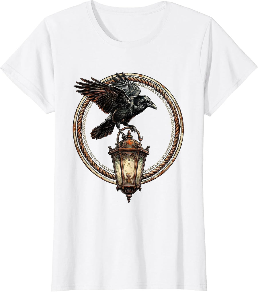 Women's Crow Perched on Old Lantern Illustration T-Shirt - White