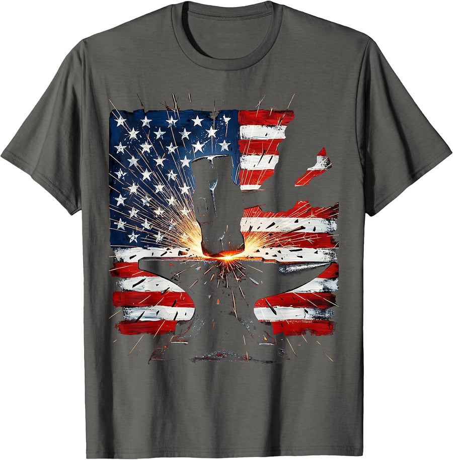 Patriotic Blacksmith Hammer and Anvil Sparks T-Shirt - Asphalt Grey