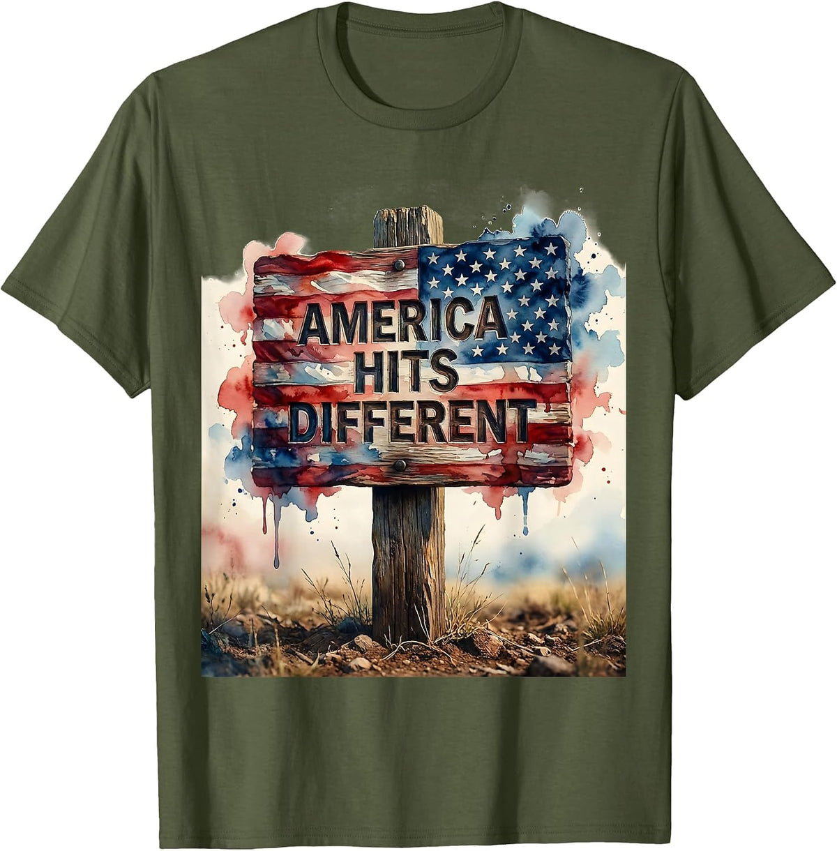 America Hits Different Patriotic USA Design T-Shirt - Olive Green