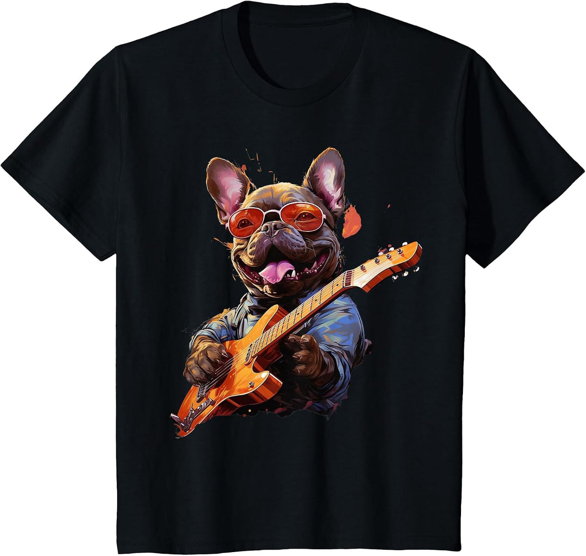 Funny Rock French Bulldog Playing Guitar T-Shirt - Black
