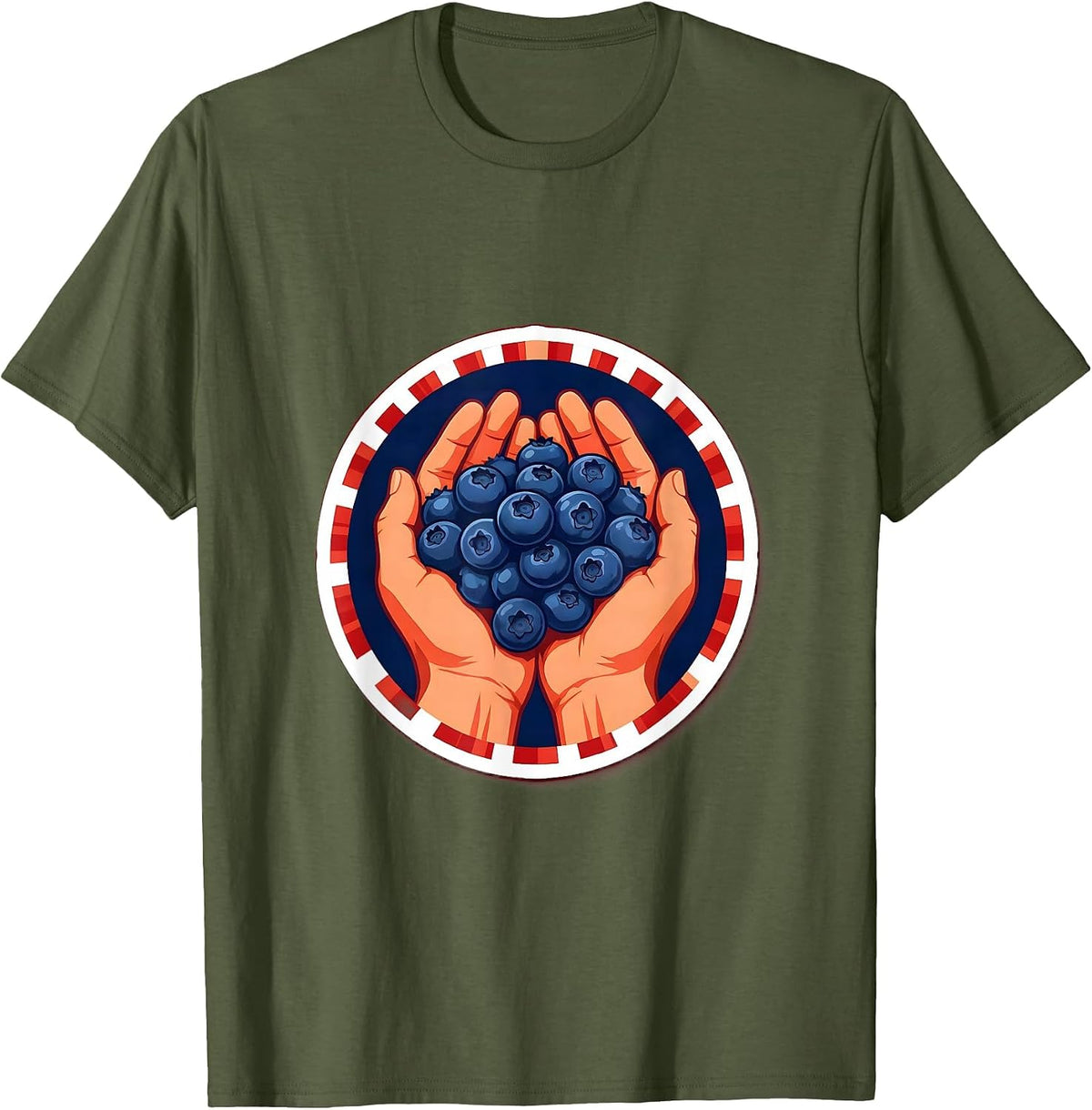 Men's Red White and Blueberries Cupped Hands Illustration T-Shirt - Olive Green