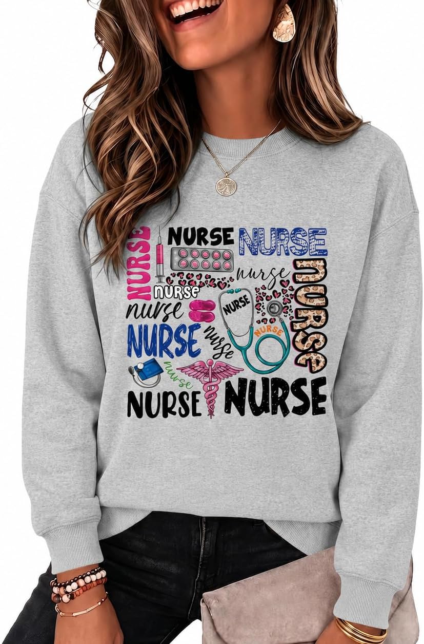 Nurse Sweatshirt for Women Graphic Crewneck Long Sleeve Stethoscope Nursing Sweatshirts Nurses Christmas Pullover - Light