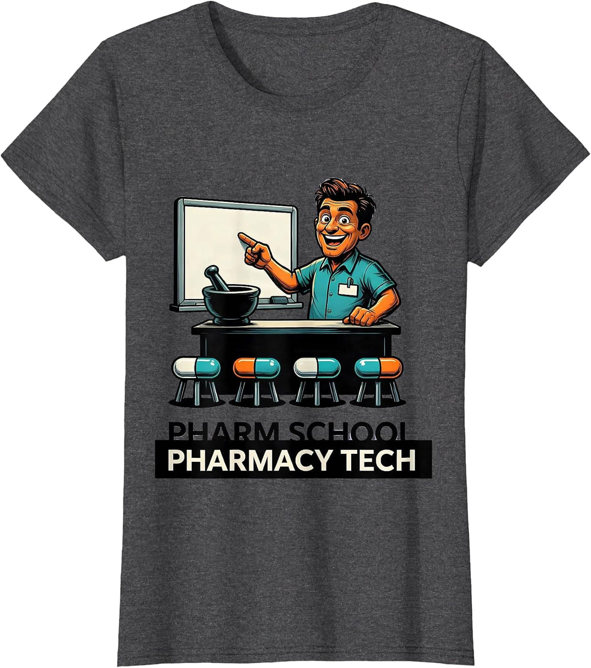 Women's Pharm School Pharmacy Tech Funny Pharmacy Technician Cartoon T-Shirt - Dark Heather Grey