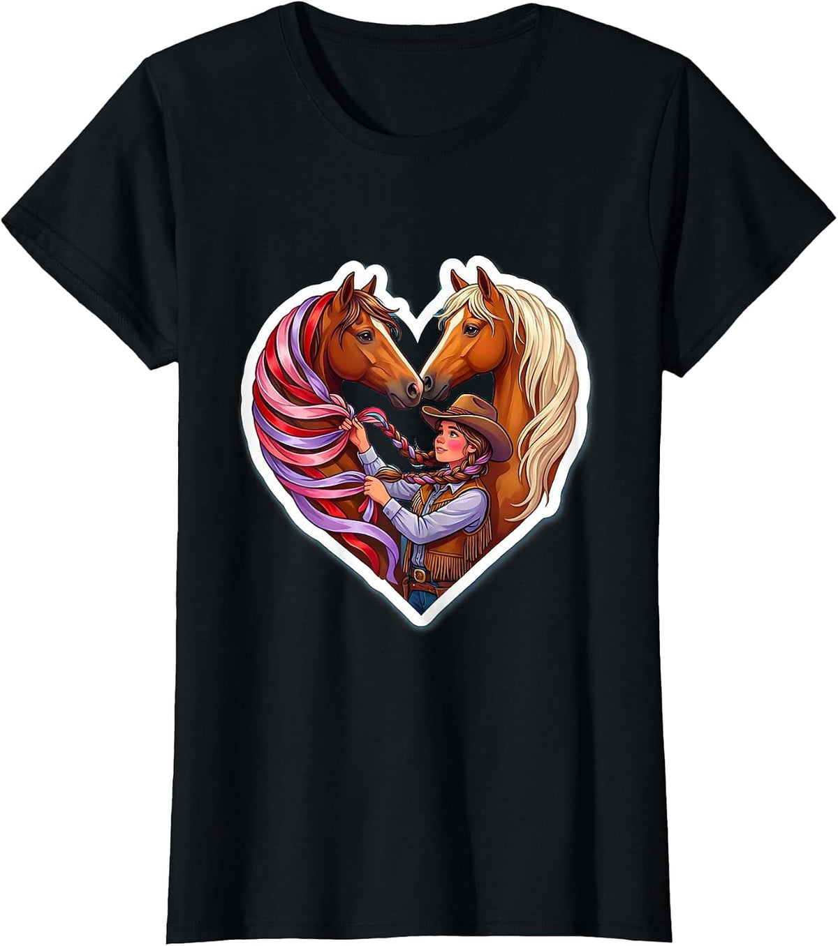 Cowgirl Braiding Horse Mane With Ribbons T-Shirt - Black