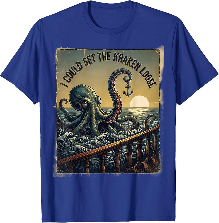 I Could Set The Kraken Loose Vintage Sea Monster Octopus T-Shirt - Royal Blue