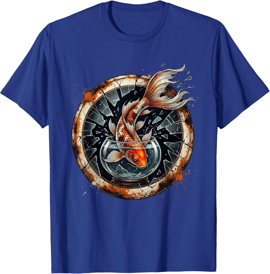 Koi Fish Leaping Out of Fishbowl Graphic Tee T-Shirt - Royal Blue