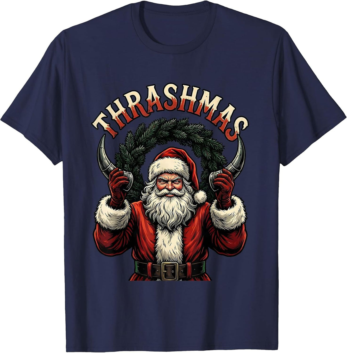 Thrashmas Tattoo Heavy Metal Santa Claus Rock On Funny T-Shirt - Navy Blue