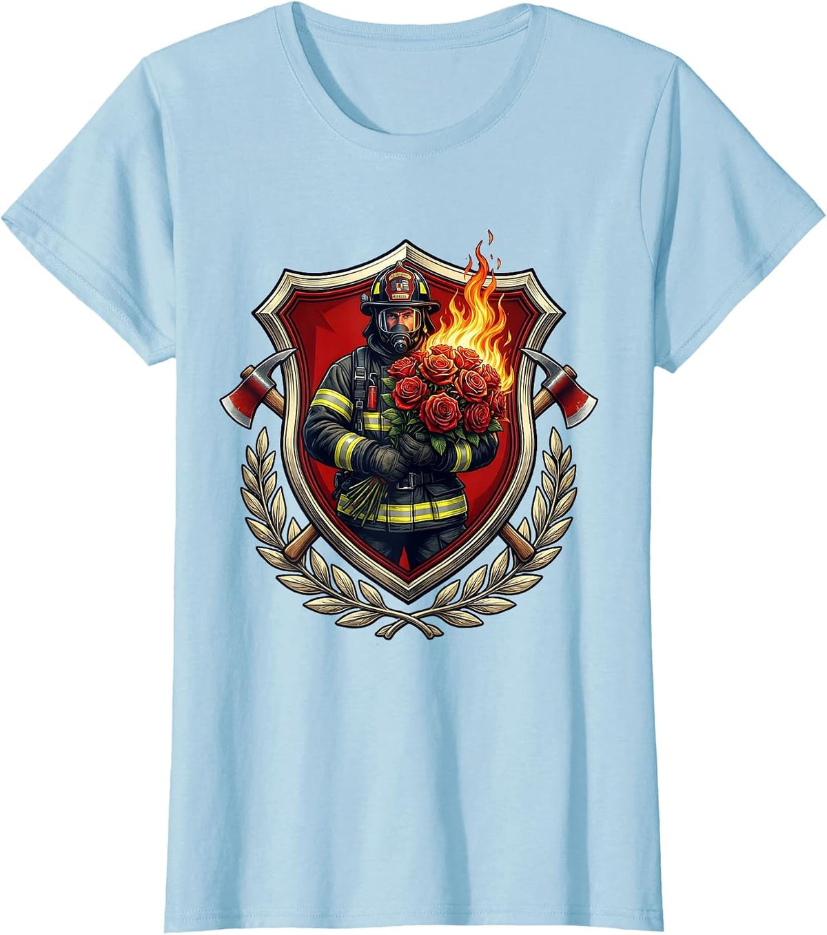 Fireman Flaming Roses Bouquet Graphic Design T-Shirt - Baby Blue
