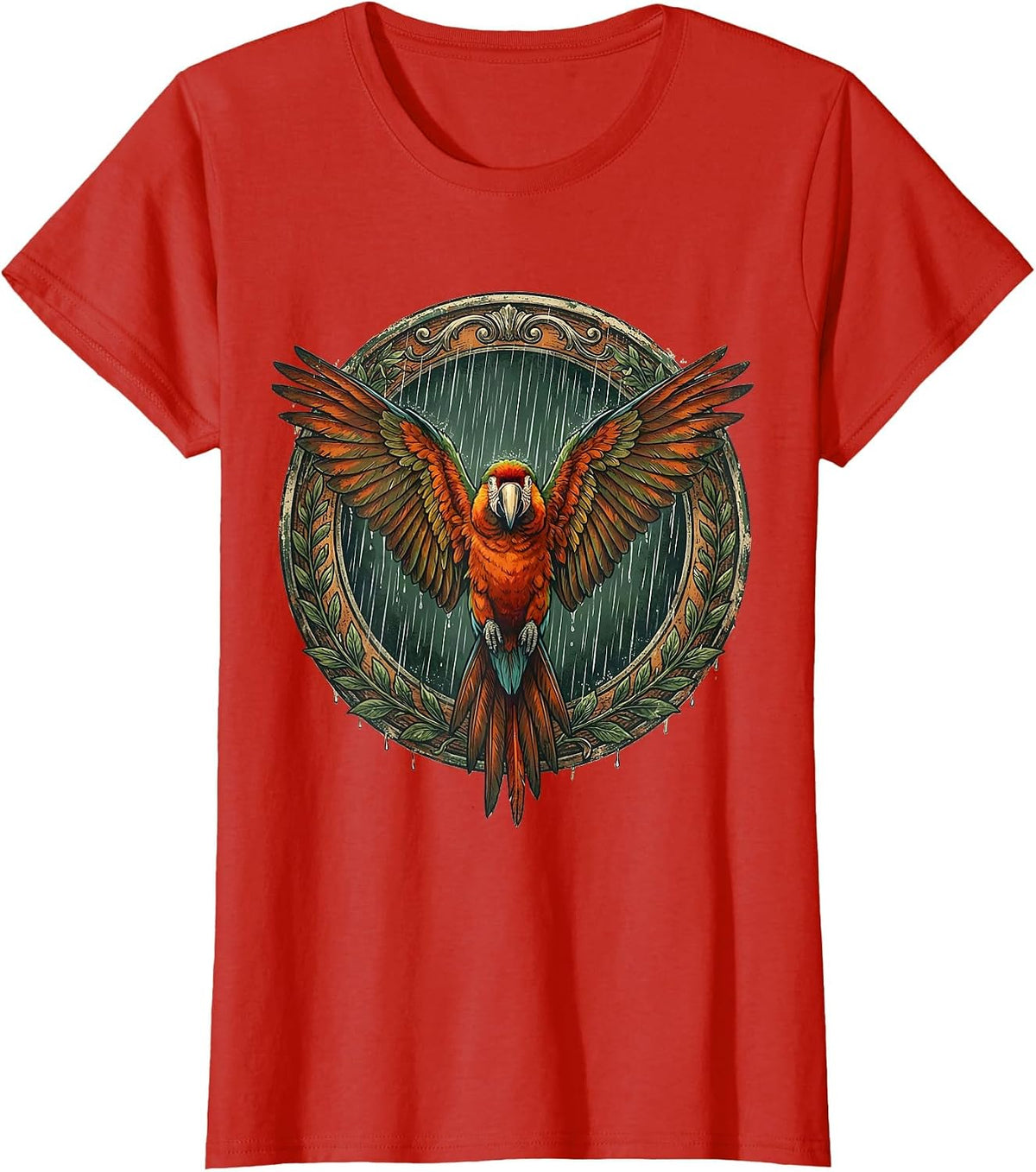 Parrot Spreading Wings in the Rain Jungle Art T-Shirt - Red