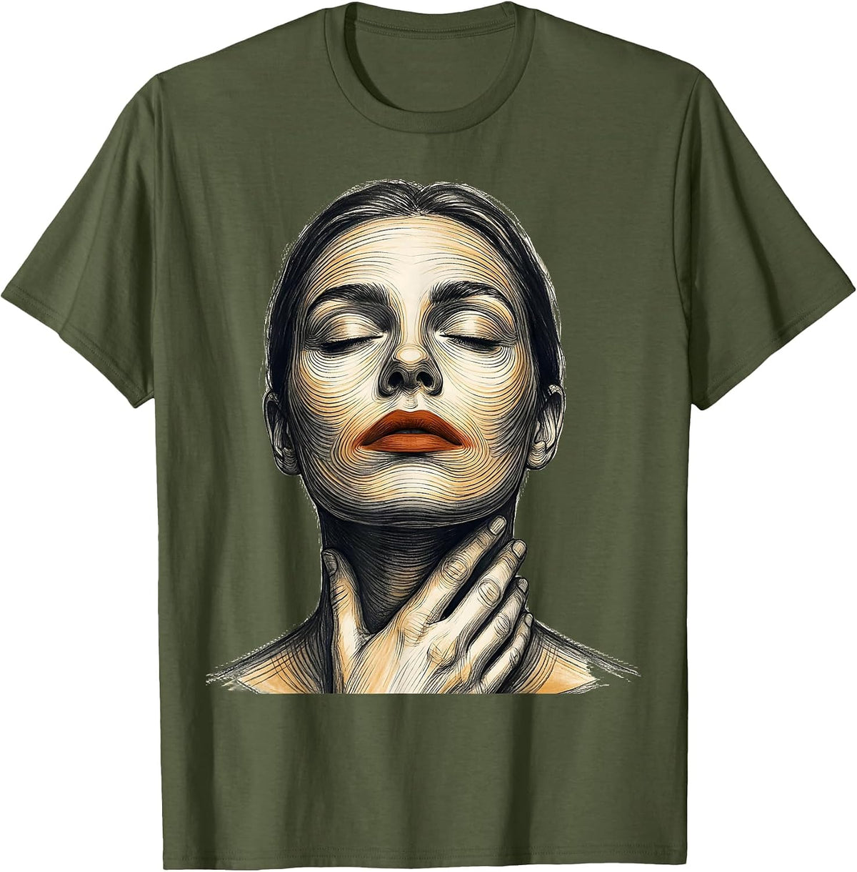 Men's Female Face Abstract Fashion Designer Artwork T-Shirt - Olive Green