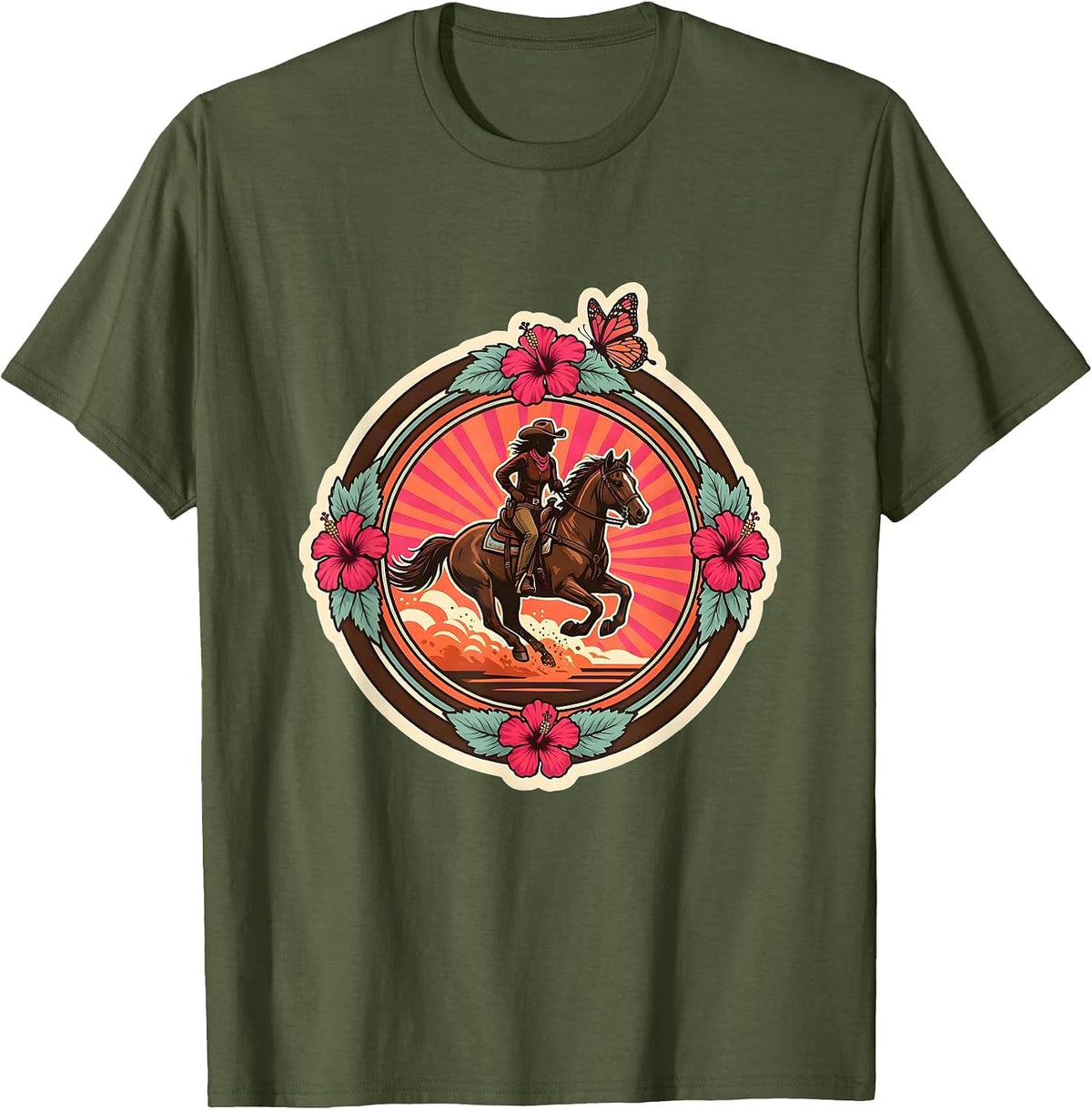 Western Cowgirl Horseback Riding Dust Trail Design T-Shirt - Olive Green