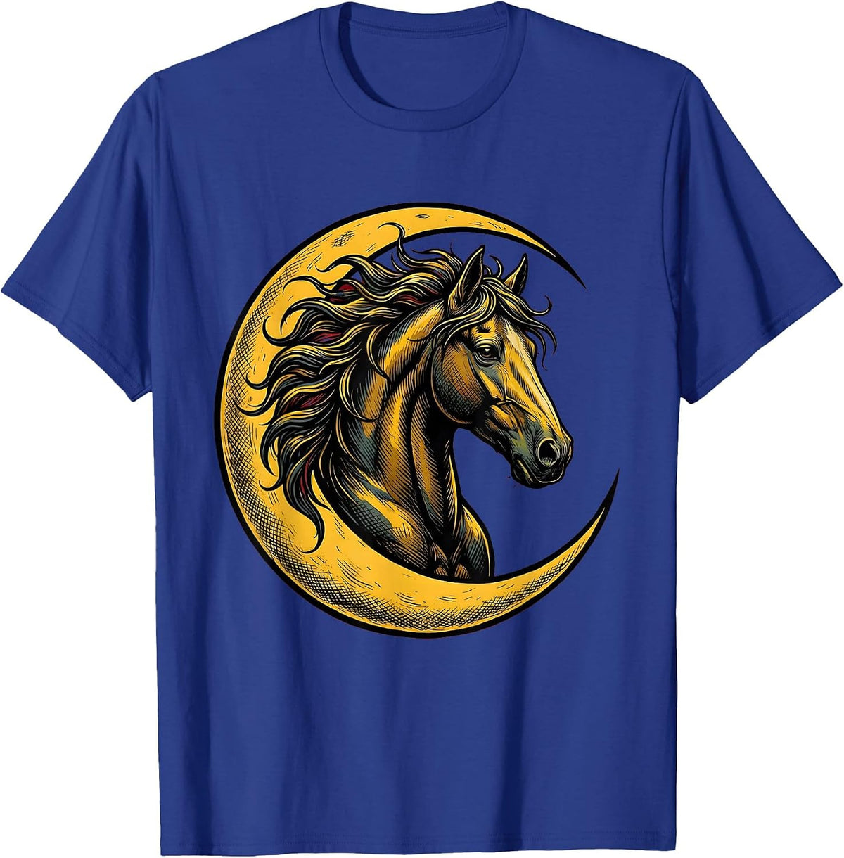 Horse Head Crescent Moon Celestial Night Art T-Shirt - Royal Blue
