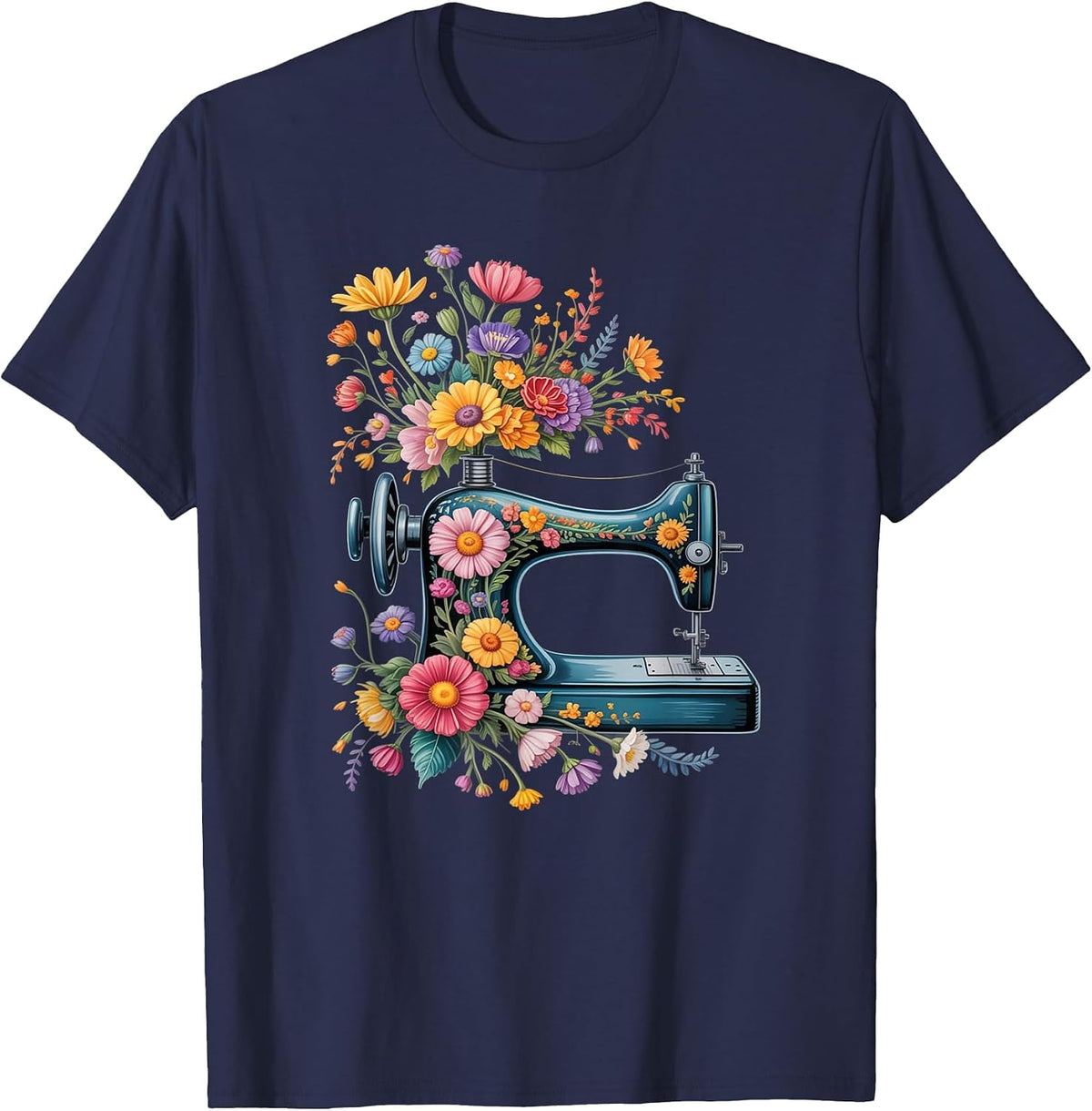 Vintage Sewing Machine with Floral Bloom Quilters Crafters T-Shirt - Navy Blue